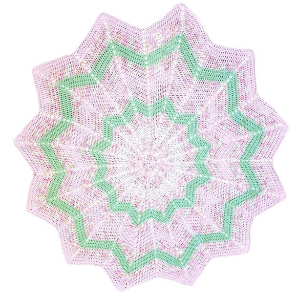 HANDMADE Crochet‎ 12 Point Star Softee Baby Blanket Afghan Pink Green 43 In NEW - Picture 5 of 5